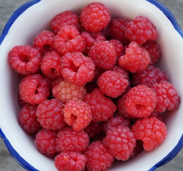 Raspberry in a plate, top view. 