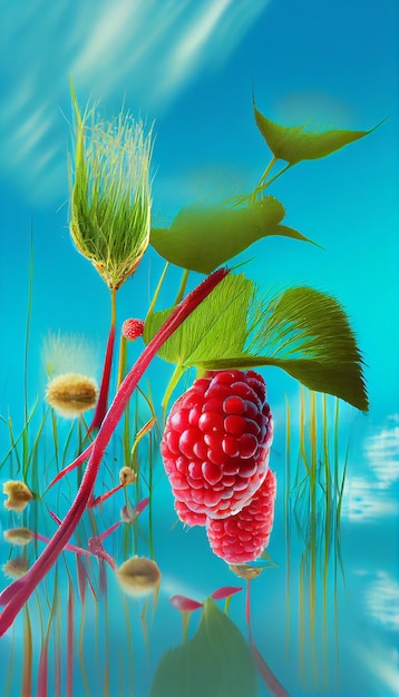 Raspberry sitting on top of a lush green plant generative ai