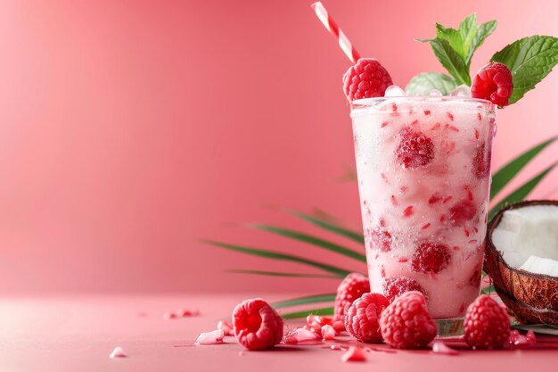 Raspberry Smoothie in Tall Glass With Straw