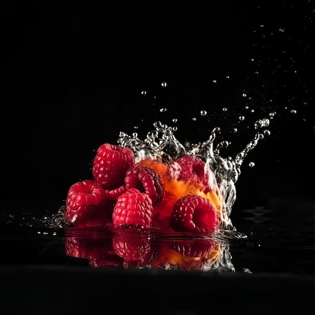 Raspberry in the splash of water on isolated black background