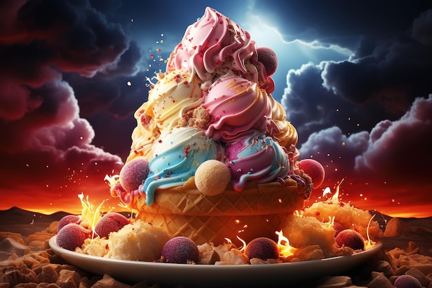 Фото Мороженое из малины и клубники на тарелке на черном фоне