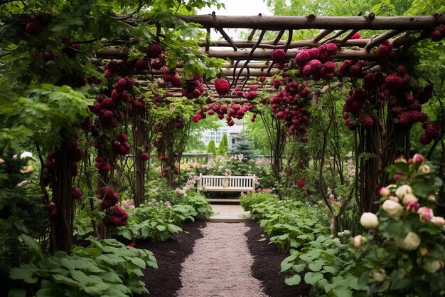 Raspberry themed garden with trellises and arbors