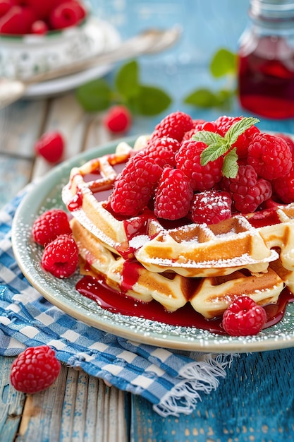 Raspberry topped waffles with sweet syrup