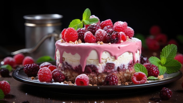 raspberry white chocolate mousse cake professional photography Generative Ai