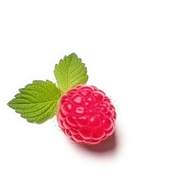 A raspberry with a green leaf next to it