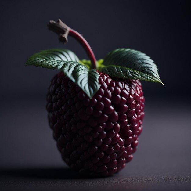 A raspberry with a green leaf on it