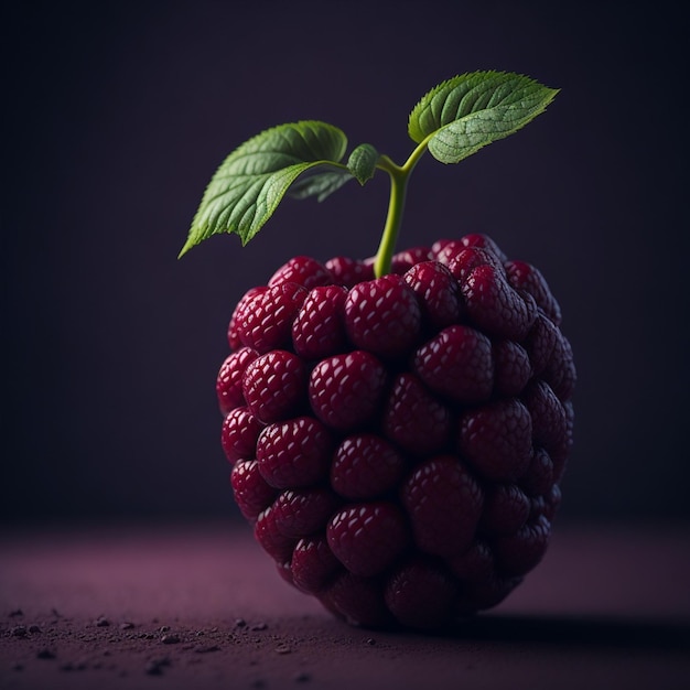A raspberry with a green leaf on top of it