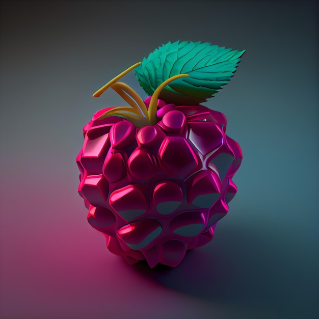 Raspberry with leaf on black background 3d render illustration