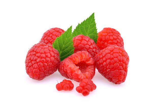 Raspberry with leaves horizontal isolated on white