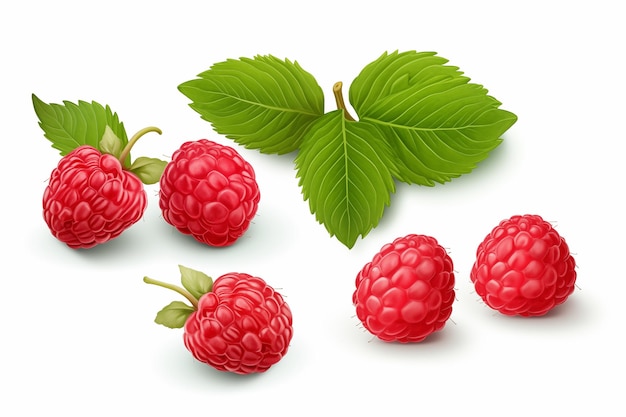 Raspberry with leaves isolated on white background Ai generated