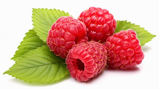 Raspberry with leaves isolated on white background