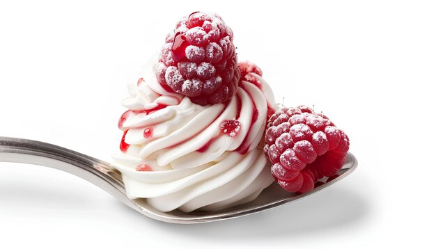 raspberry with whipped cream on a spoon isolated on white background