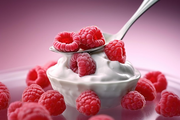 Raspberry yogurt a spoonful of creamy raspberry yogurtGenerative AI