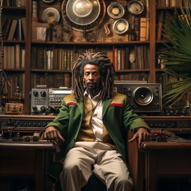 rastafari in a magical library wearing a white 2