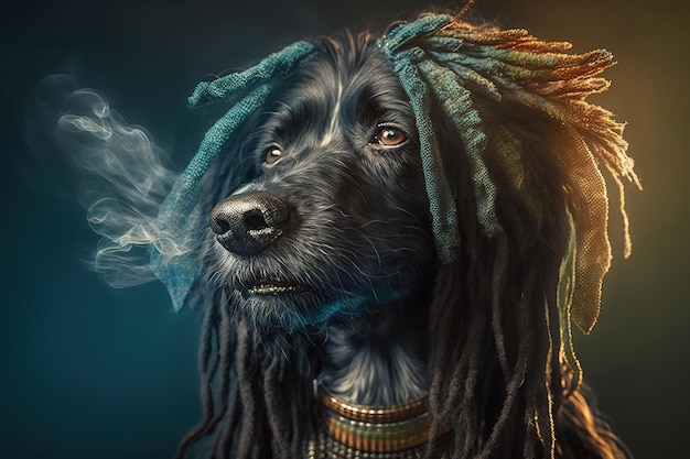 Rastaman dog with dreadlocks and a hat smoking a pipe