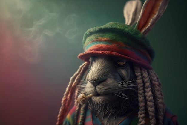 Rastaman rabbit with dreadlocks and a hat smoking a pipe