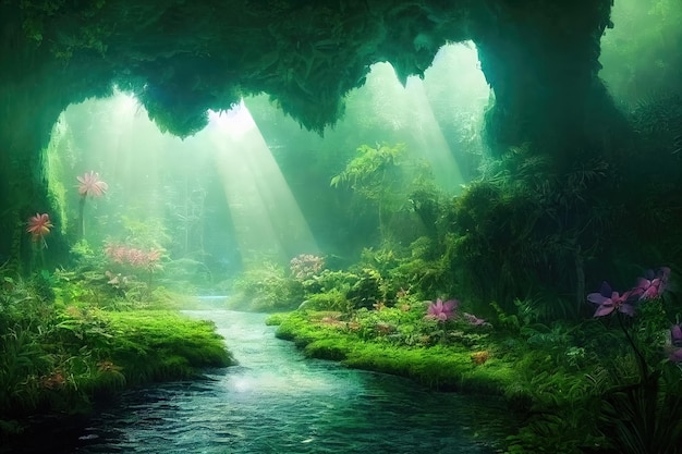Raster illustratie van dichte groene jungle met snelle berg rivier mooie roze bloemen onbekende wetenschappen evenaar onbewoonde eilanden schoonheid van de natuur concept 3D-rendering artwork