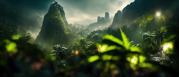 Raster illustratie van jungle luchtfoto palmbomen verre berg rots bewolkte hemel mistige wolken regenwoud natuur landschap wildernis wildernis onbewoond eiland natuur concept 3d-rendering