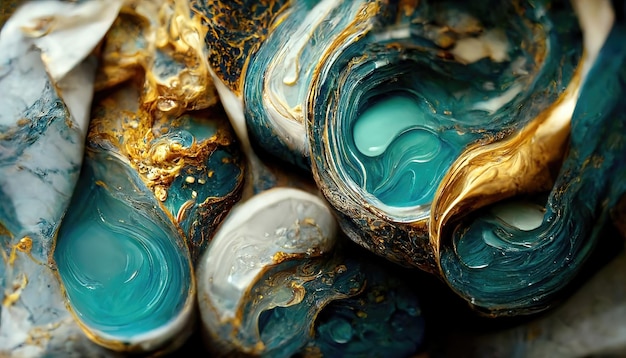 Raster illustratie van luxe abstracte vloeibare kunst verf in alcohol inkt techniek mengsel van blauwe schuimige pastel kleuren golven en gouden wervelingen 3D render raster achtergrond voor zaken en reclame