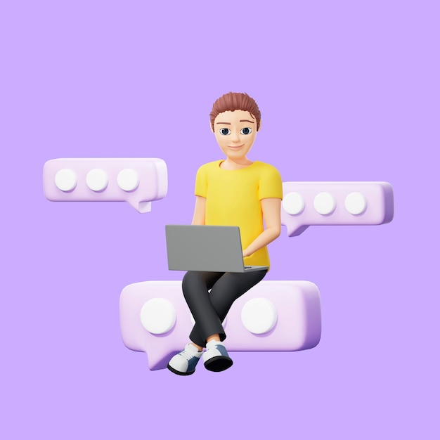 Raster illustratie van man met een tekstballon en een laptop Een jonge man in een gele tshirt dacht bericht idee directe toespraak cloud plan kennisgeving 3D-rendering artwork voor het bedrijfsleven