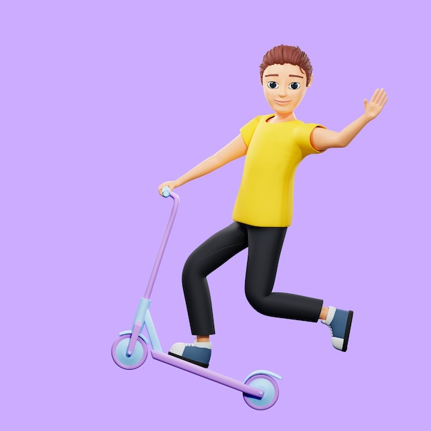 Foto raster illustratie van man rijden op een scooter jonge kerel in een gele tshirt zwaaien groet tijdens het rijden op een scooter recreatie actieve levensstijl verkeersregels 3d-rendering illustraties voor het bedrijfsleven