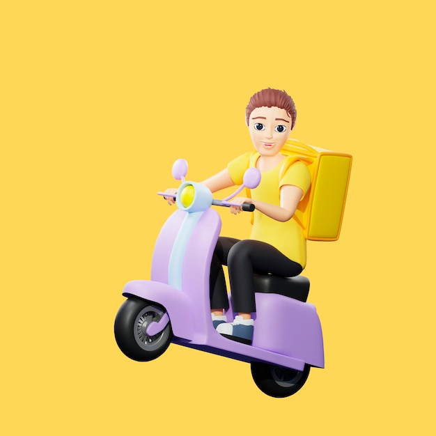Raster illustratie van man rijden op een scooter met rugzak Jonge kerel in een gele tshirt rijdt op een motorfiets rijdt op het achterwiel levering vervoer snelheid verkeersregels 3D-rendering illustraties