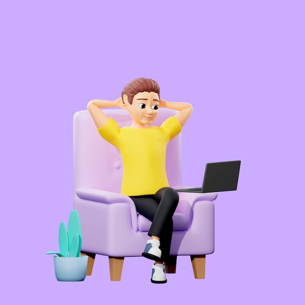 Foto raster illustratie van man worhing in een stoel jonge kerel in een gele t-shirt zit aan de telefoon ontspant sociale netwerken surfen op het internet relax concept 3d-rendering artwork voor het bedrijfsleven
