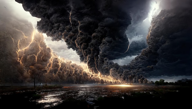 Raster illustratie van zwarte lucht over een veld orkaan milieuvervuiling storm tornado bliksem schoonheid en kracht van de natuur kolommen van stof stortbui weer klimaat 3D-illustraties