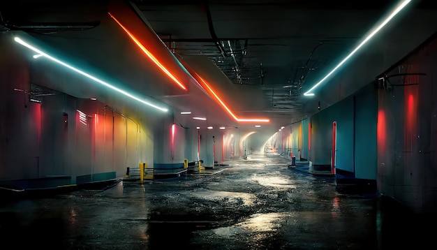 Raster illustration of abandoned underground bunker with neon lighting Underpass underground metro subway corridor with many neon columns Futurism concept 3d render