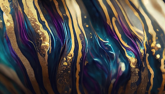 Raster illustration of abstract stains of paint Mix of colors luxury background premium gold blue turquoise purple patterns waves liquid Inspiration concept 3D rendering illustration