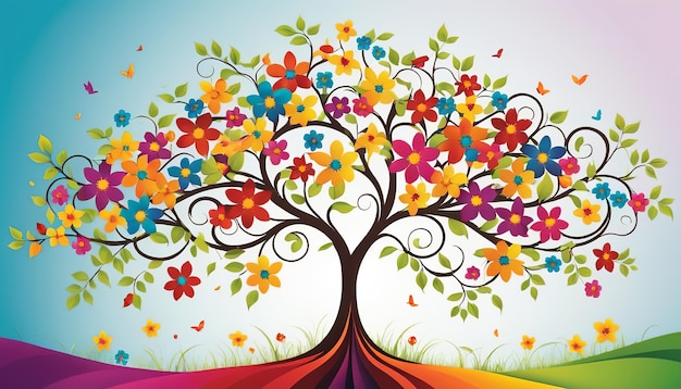 Raster Illustration of an Abstract Tree with Flowers