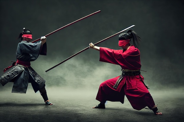 Raster illustration of battle of two samurai training martial\
arts to two asian men with long hair one in a black kimono the\
other in a red one stick sword duel 3d rendering artwork
