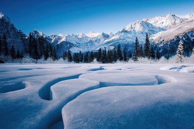 Raster illustration of a beautiful view of snowcovered forests mountains and a lake from a bird's eye view icebreaker broken ice snow wildlife cold drizzle temperature winter 3d render