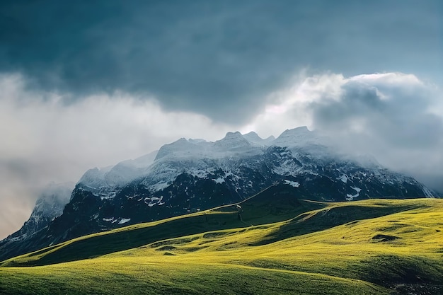 Raster illustration of beauty of nature from a bird\'s eye view\
mountains among fields wheat barley gray clouds virgin nature\
climbing tourism 3d rendering background