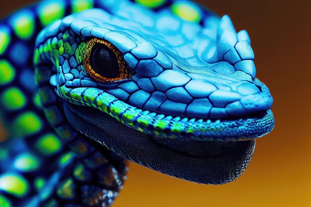 Raster illustration of blue viper with a orangebackground viper\
snake is ready to attack islet blue snake close up animal tropical\
animal snake iguana lizard nature concept 3d render