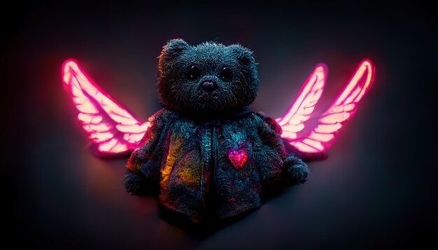 Raster illustration of childrens toy teddy bear with neon angel wings Toy in dark tones horror movie grief horror story fear Doll in clothes and with a heart baby care 3D render