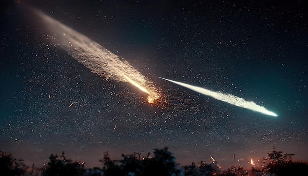 Raster illustration of falling meteorites in space in the\
illumination of the stars unidentified flying object burning in the\
atmosphere meteor rain astronomy concept 3d rendering\
background