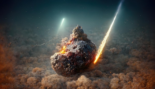 Raster illustration of falling meteorites in space in the\
illumination of the stars unidentified flying object dwarf planet\
burning in the atmosphere meteor rain astronomy concept 3d\
rendering