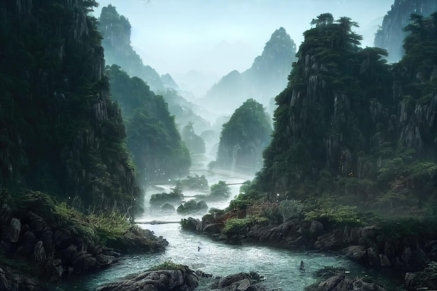 Raster illustration of fast mountain river among forest Fast stream rapids rocky shore streams of the amazon uninhabited islands Beauty of nature concept 3d rendering artwork