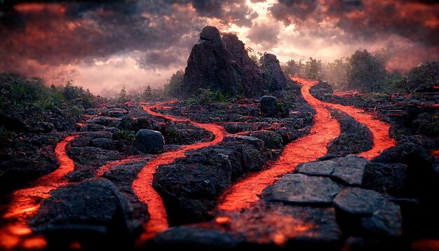 Photo raster illustration of flowing hot magma on the earth mountain peaks in clouds of smoke and ash red hot lava geology natural disaster danger fire cataclysm beauty of nature 3d artwork