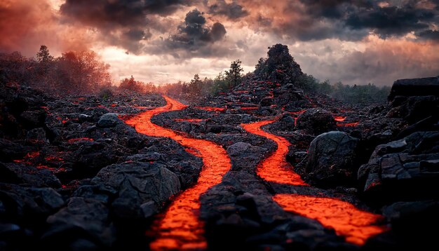 Photo raster illustration of flowing hot magma on the ground mountain peaks in clouds of smoke and ash redhot lava natural disaster danger fire cataclysm beauty of nature 3d artwork background