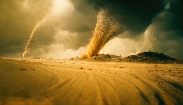 Raster illustration of horrible sandstorm in the desert Dust column in the sandy dune Incredibly beautiful column of sand in the dark horror sky danger Act of god concept 3D artwork rendering