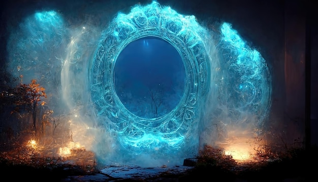 Photo raster illustration of huge neon blue portal in the forest parallel world reality magical realism teleportation smoke abstract patterns along the contour of the portal magic concept 3d artwork