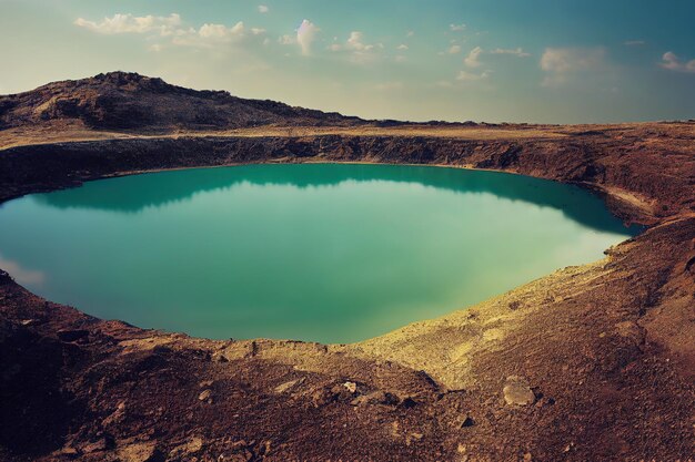 Raster illustration of lakes in a quarry in the middle of
desert sandy land crystal clear lakes with fresh water from a
bird's eye view clear sky blue water rocks mountains 3d
artwork