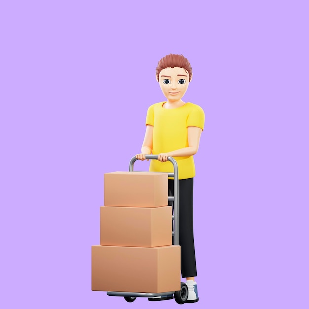 Raster illustration of man carrying a stack of huge boxes on a trolley Young guy in a yellow tshirt works as a loader delivers parcels railway station delivery purchase order 3d render artwork