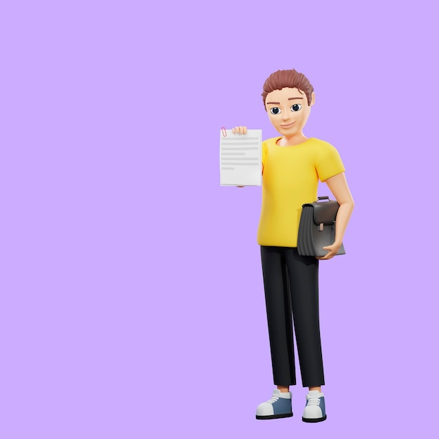 Raster illustration of man holding a resume Young guy in a yellow tshirt shows a sheet of information holds a briefcase in the other hand 3d rendering artwork for business and advertising