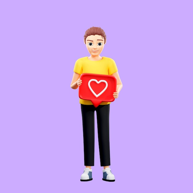 Raster illustration of man holding a speech bubble with a heart Young guy in a yellow tshirt likes comments love dating site relationships 3d rendering artwork for business and advertising