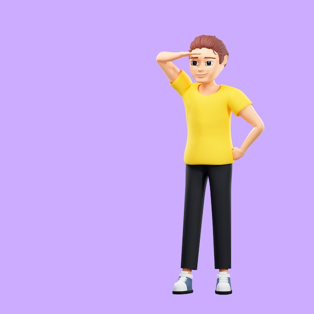 거리를 바라보는 남자의 래스터 그림 노란색 티셔츠를 입은 젊은 남자가 한 손으로 솔기를 따라 다른 손으로 비즈니스를 위한 3d 렌더링 작품을 기대하고 있습니다