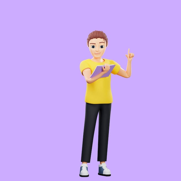 Raster illustration of man read book Young guy in a yellow tshirt recites verses from a book with a raised index finger up 3d rendering artwork for business and advertising
