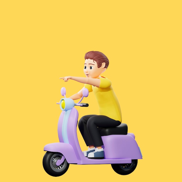 Raster illustration of man riding a scooter and pointing forward Young guy in a yellow tshirt rides a motorcycle delivery transport speed traffic rules 3d rendering artwork for business